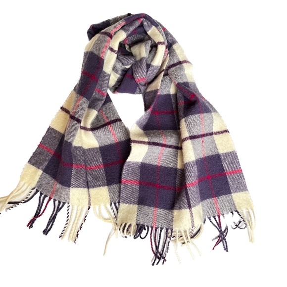Johnstons 100% Lambswool Scarf Purple Beige Pink Tartan Plaid Scotland - Picture 3 of 5